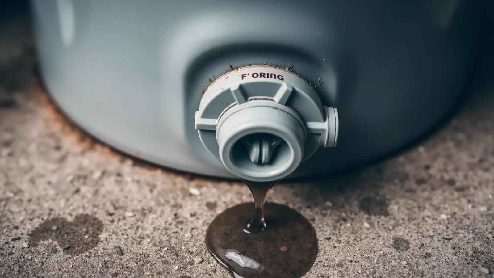 Plastic drain valve at the bottom of a water heater with a wet trail running onto the floor