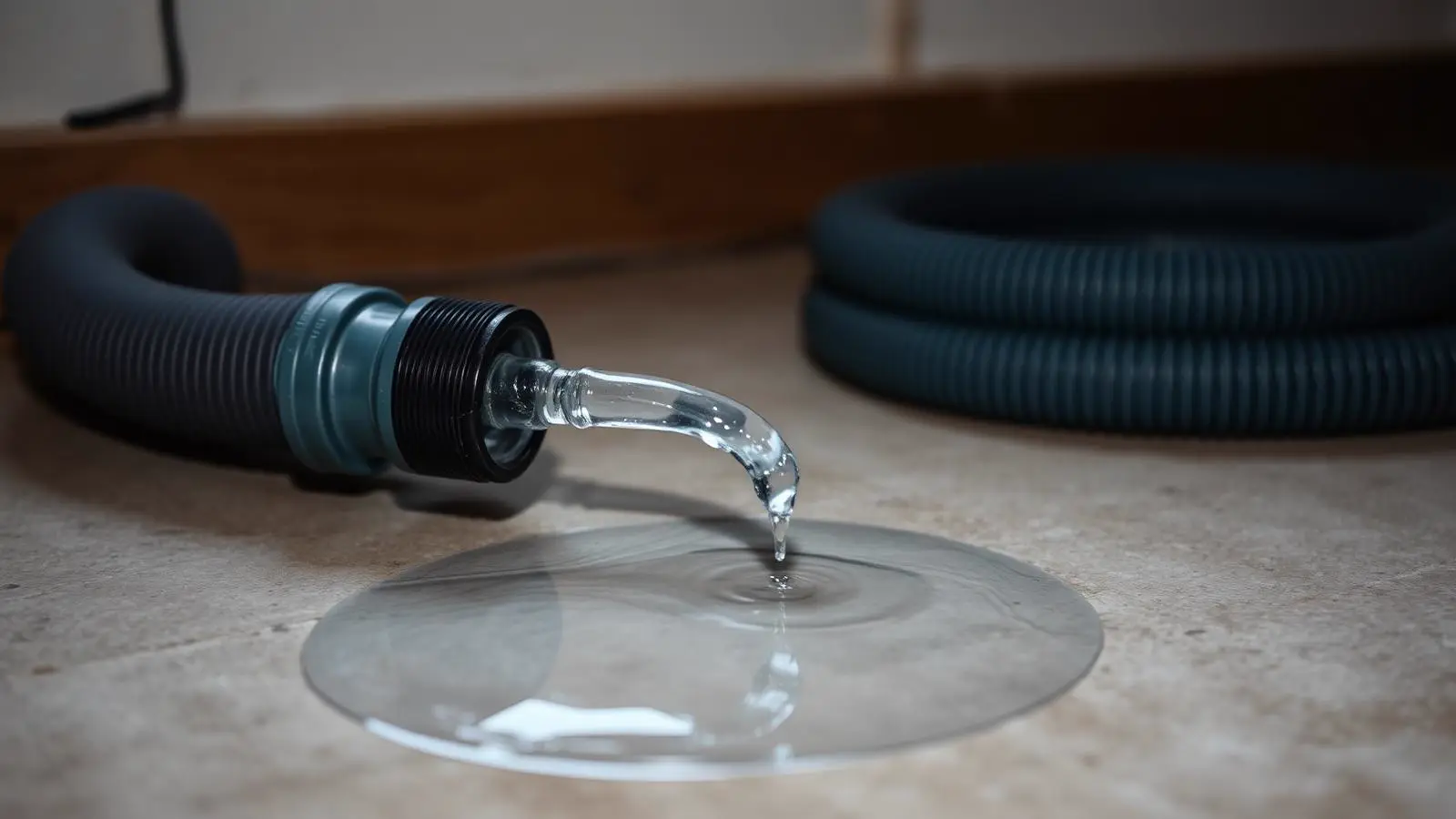 Slow stream of cloudy water leaving a drain hose connected to a residential water heater