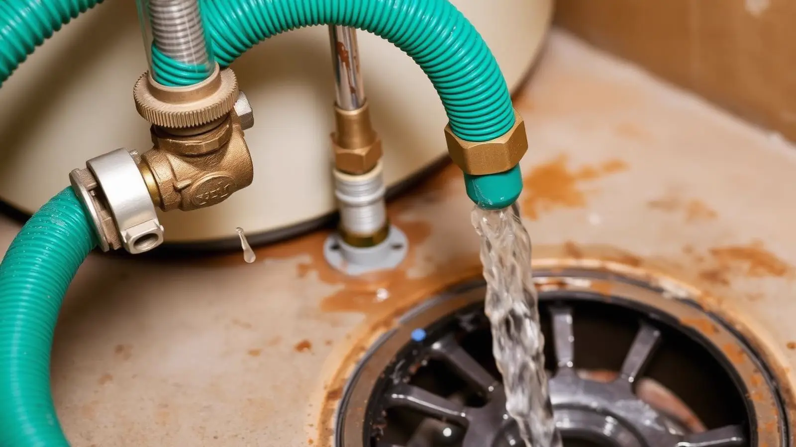 Garden hose connected to a water heater drain valve during a tank flush