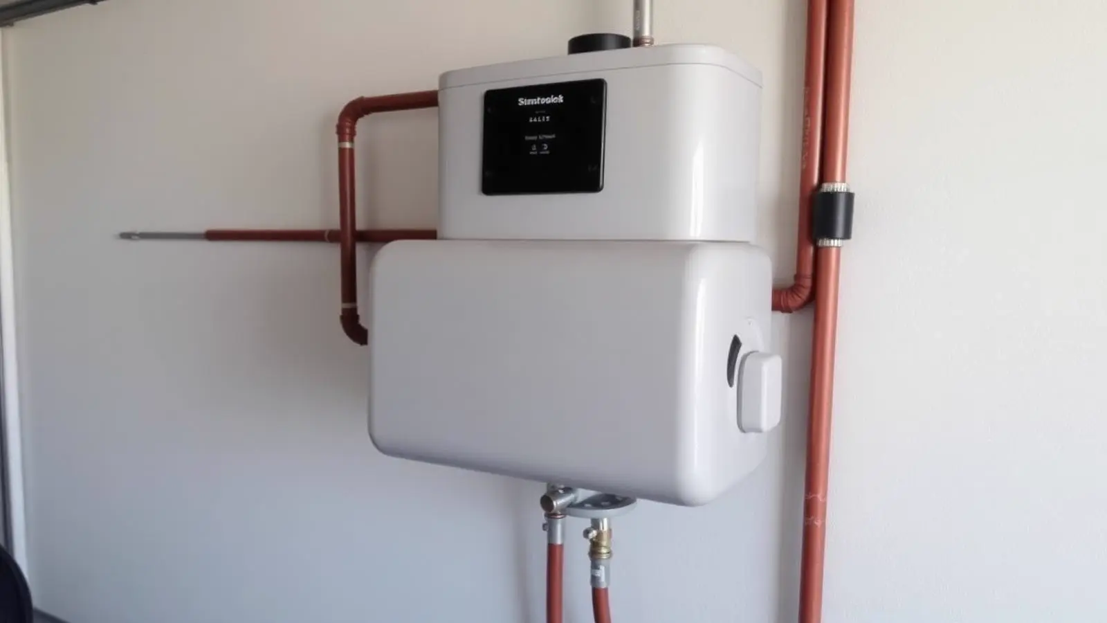 Electric water heater standing against a garage wall with its wiring conduit entering the top