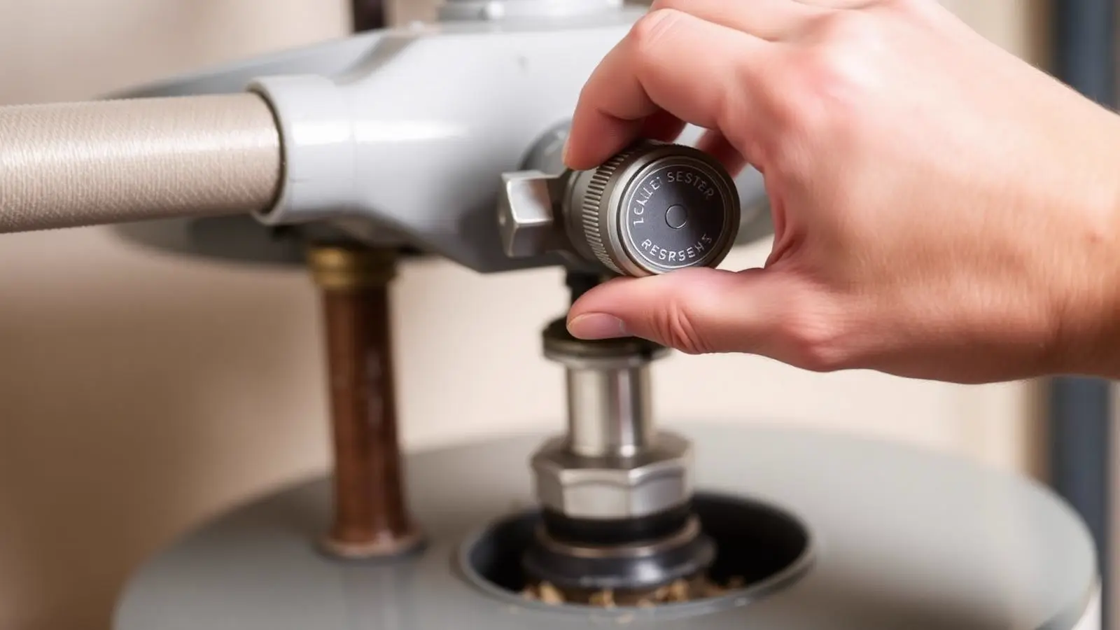Homeowner's hand on the cold-water shut-off valve above a leaking residential water heater