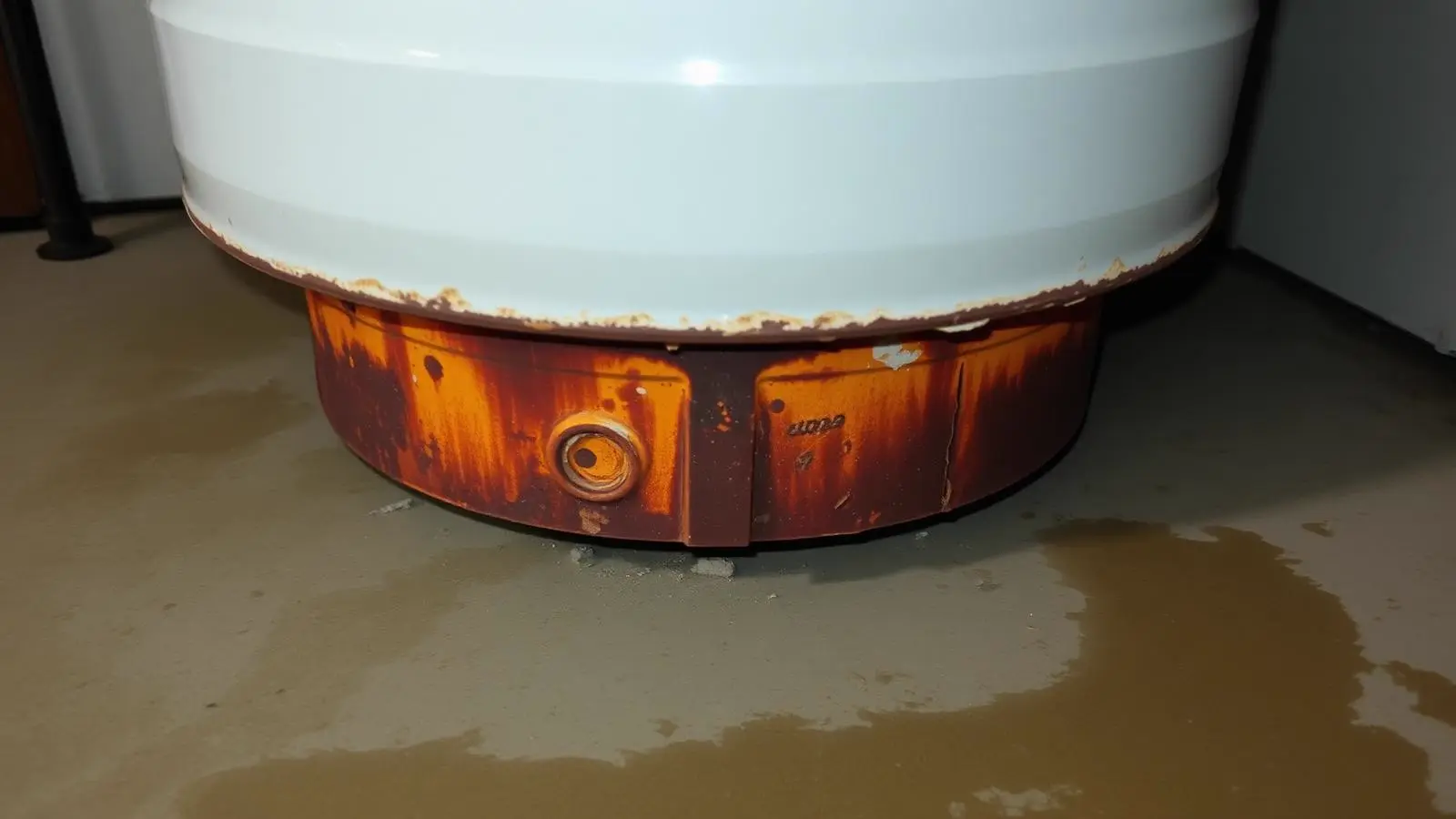 Damp ring of water at the base of a water heater where the jacket meets the concrete floor