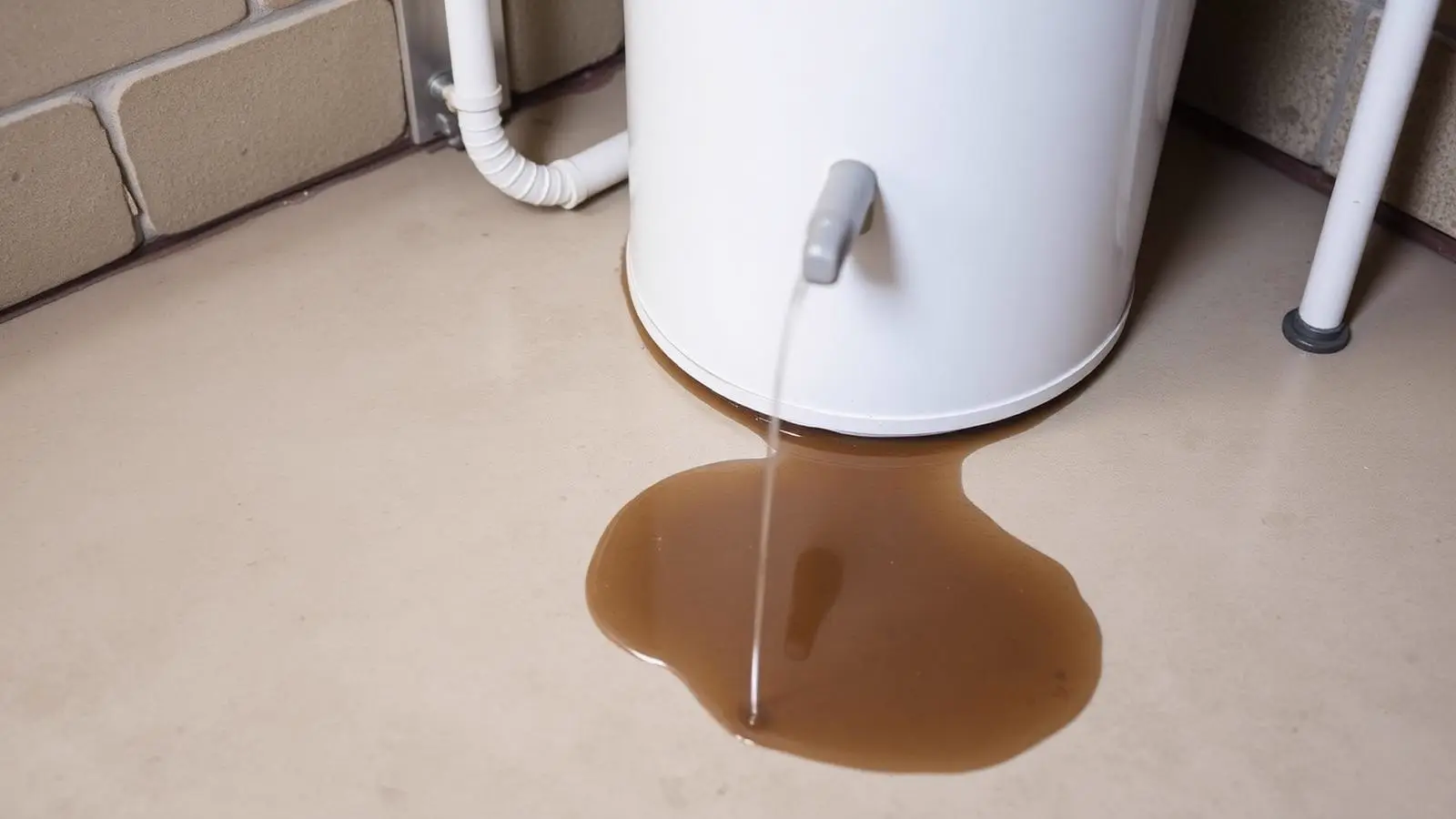 Thin puddle of water spreading across a concrete utility-room floor beside a residential storage water heater
