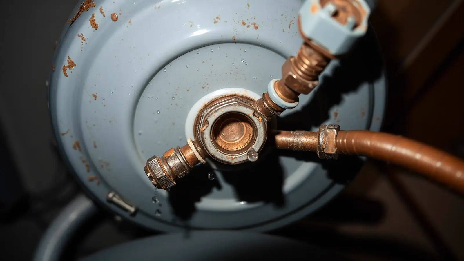 Water beading on the copper nipples and fittings at the top of a residential water heater