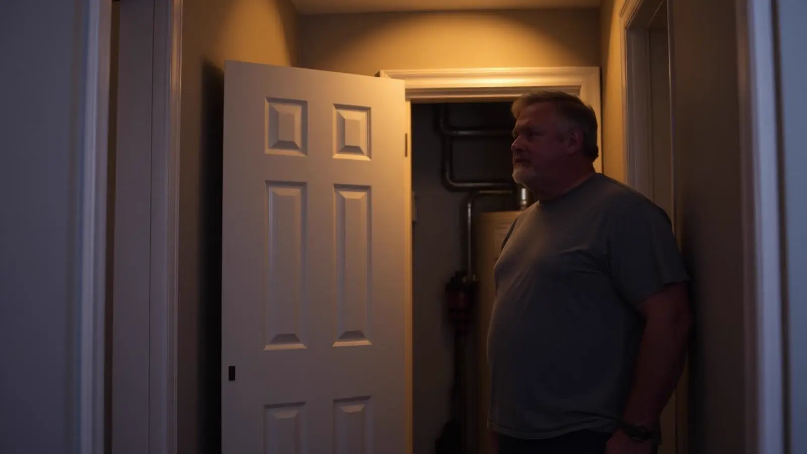 Homeowner leaning toward a water heater in a basement with a hand cupped near the tank