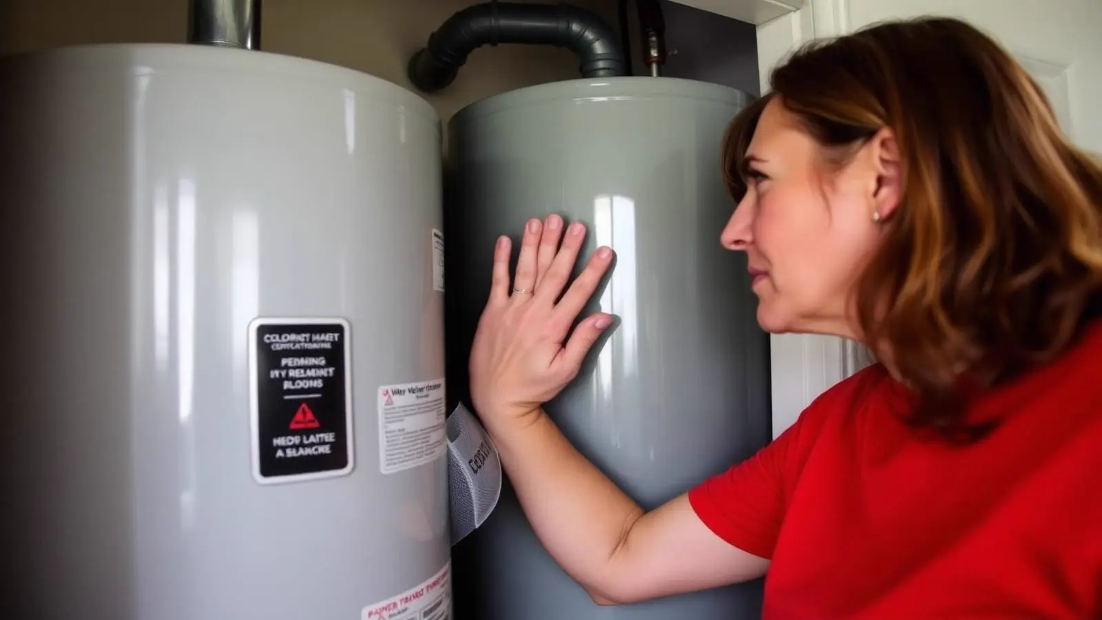 Homeowner standing beside a residential water heater listening to the tank with a hand resting on the jacket