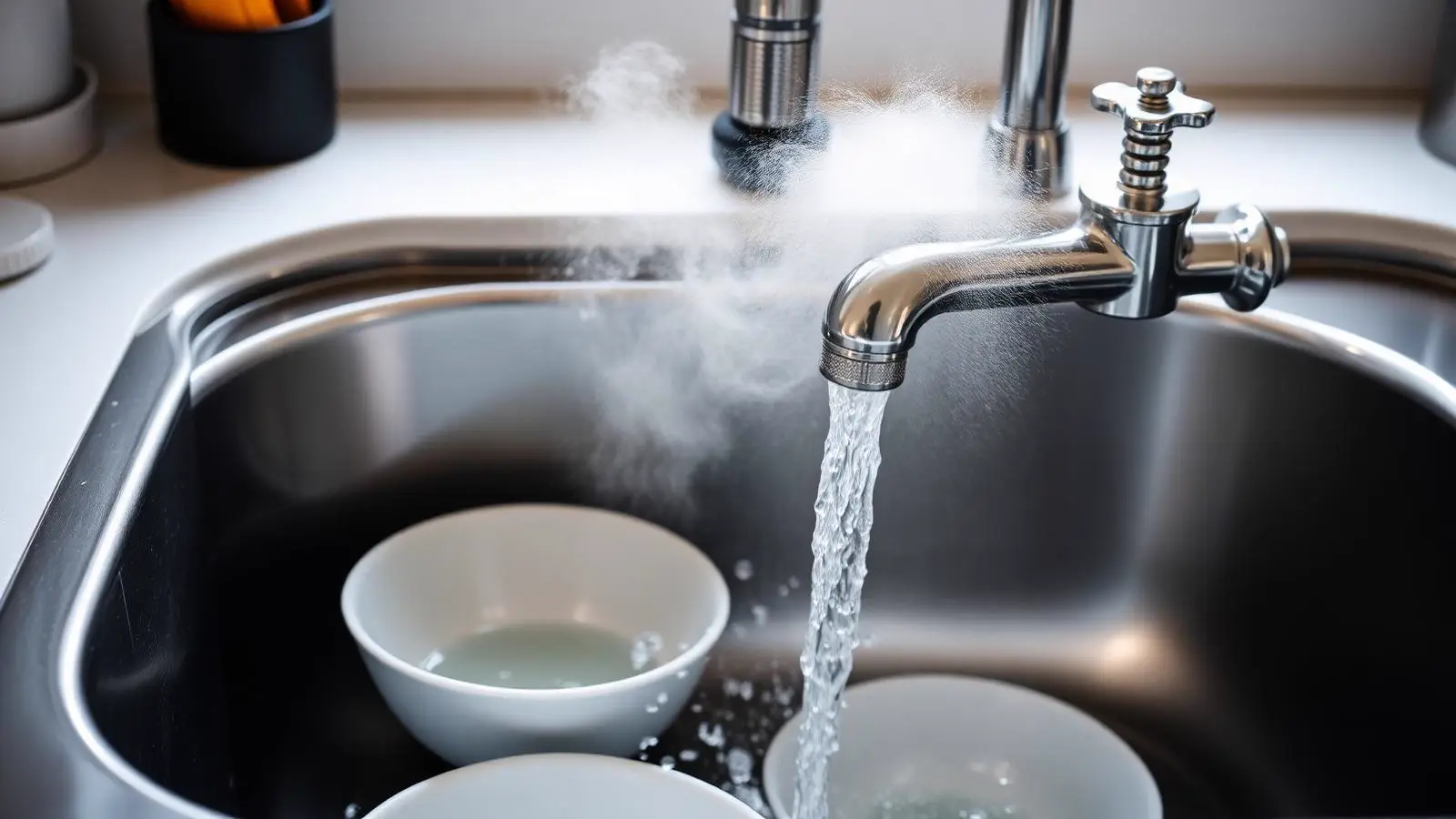 Cold water running from a residential kitchen faucet while steam is absent from the stream