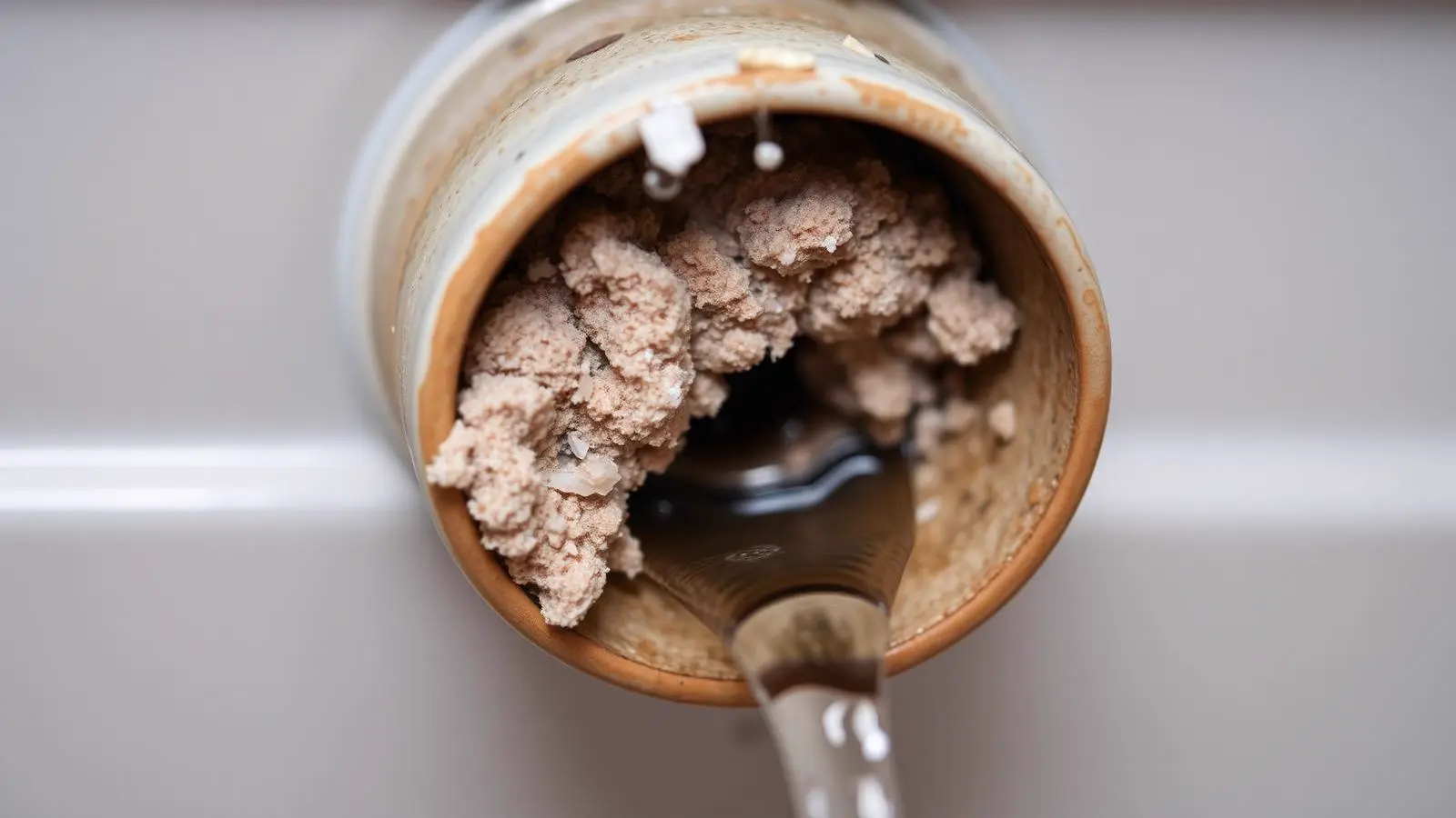 Open drain valve on a water heater with only a trickle of water leaving the hose