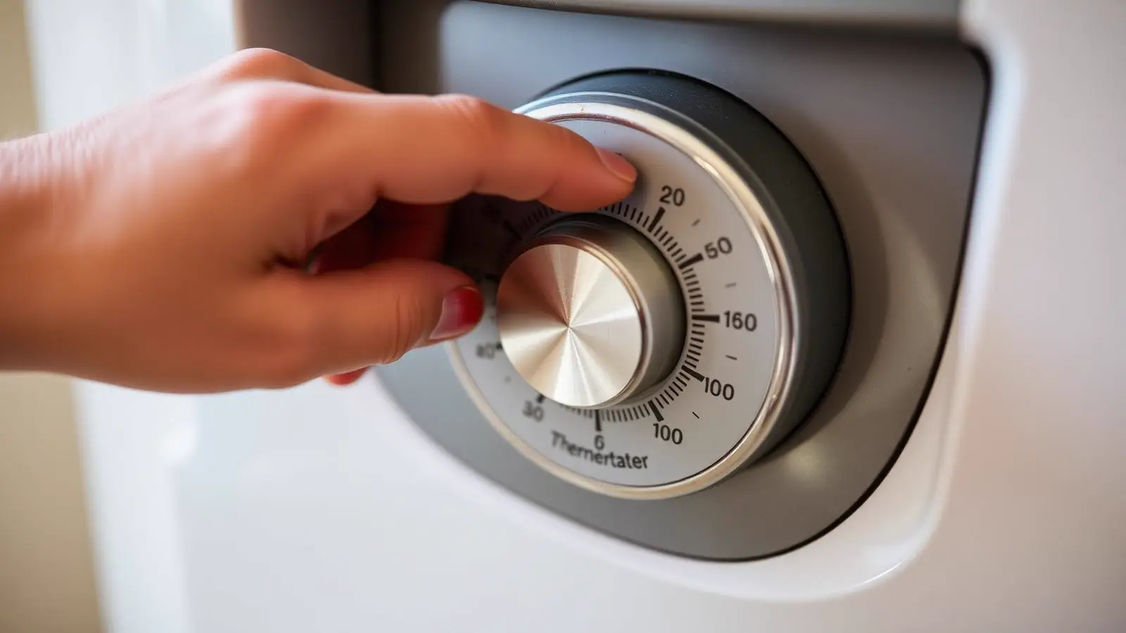 Thermostat dial exposed behind the access panel of a residential water heater