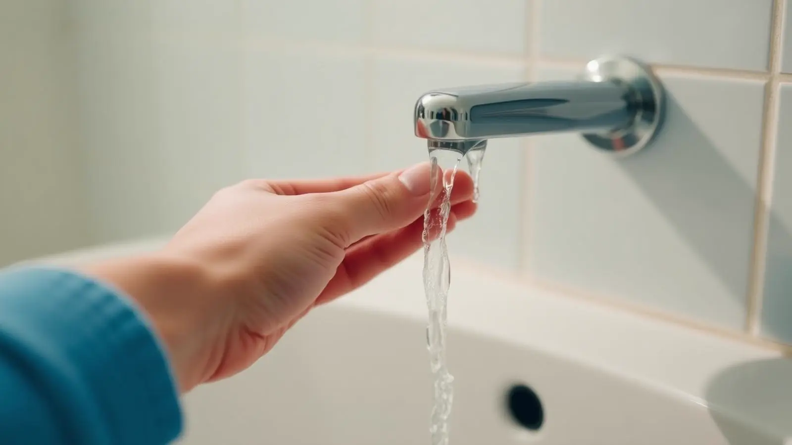 Hand held under a running bathroom tap testing for hot water that never arrives