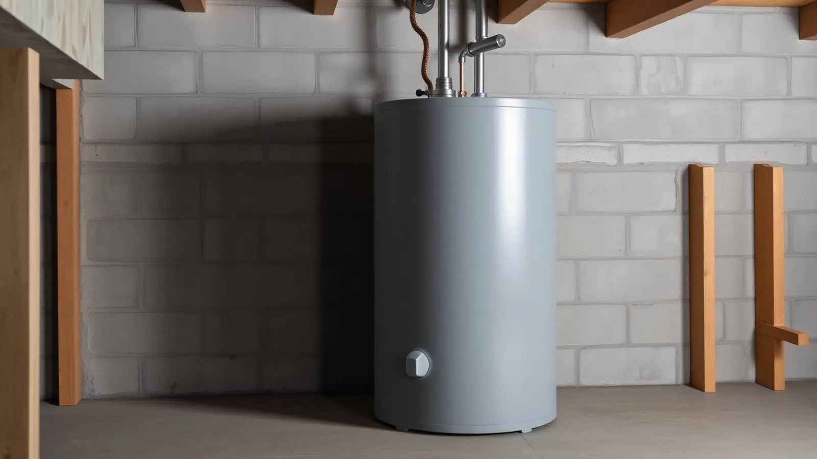 Gas water heater standing in a finished basement corner beside painted supply lines