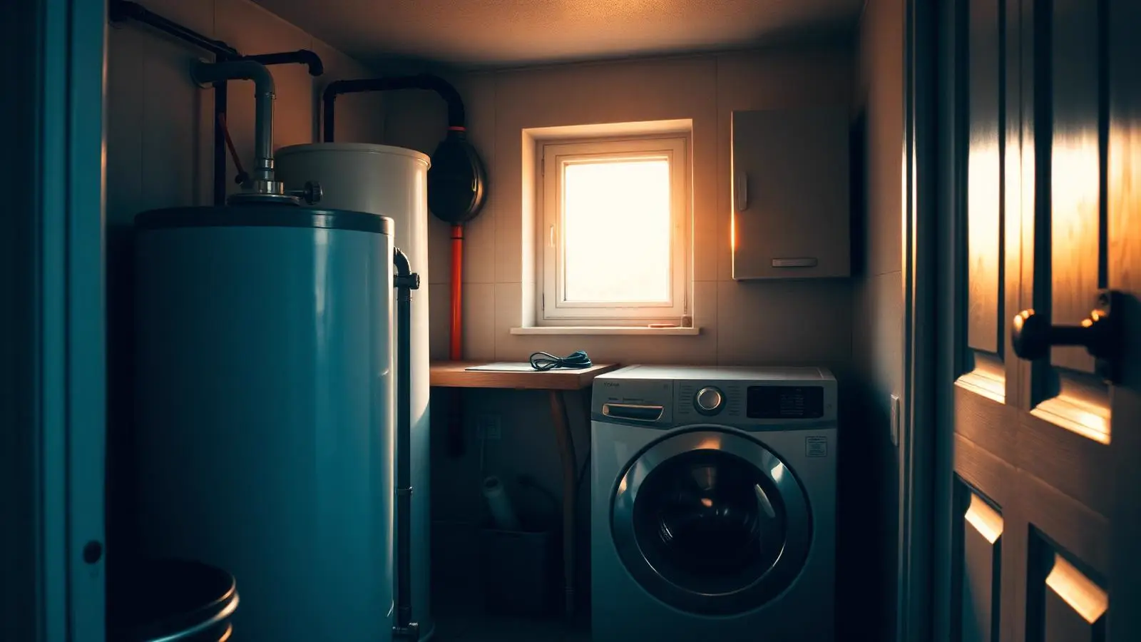 Residential water heater in a laundry utility room with a homeowner pausing to listen nearby