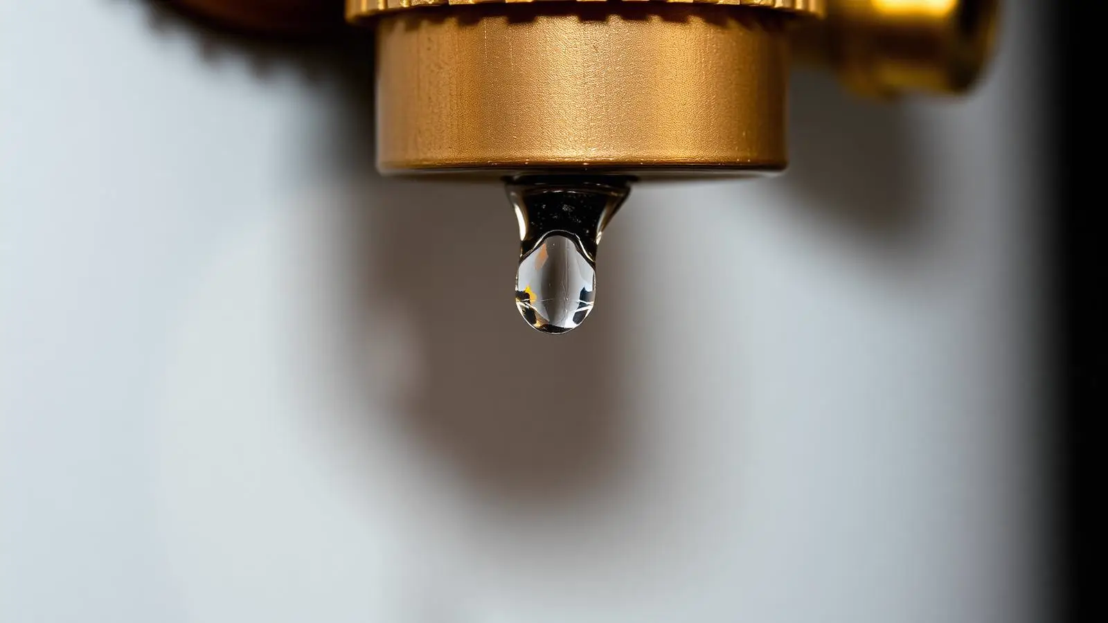 Drip of water hanging from the brass temperature and pressure relief valve of a water heater