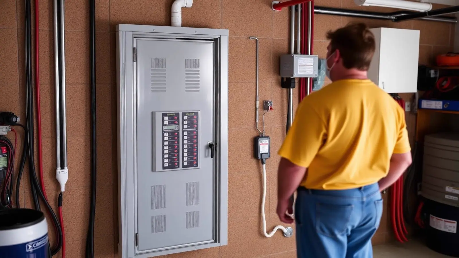 Residential electrical panel with the door open and one double-pole breaker switched off